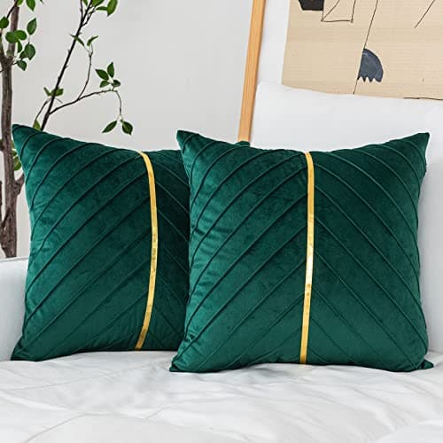 Image of WACOMECO Velvet Throw Pillow Covers, Pack of 2 Soft Gold Decorative Cushion Covers for Couch Sofa Living Room Home Decoration, Emerald Green, 18x18 inch