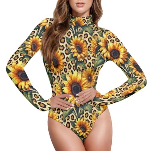 Image of CHIFIGNO Women Mock Neck Long Sleeve Jumpsuit Fashion Jumpsuit for Women, Sunflower and Leopard Print-1, M