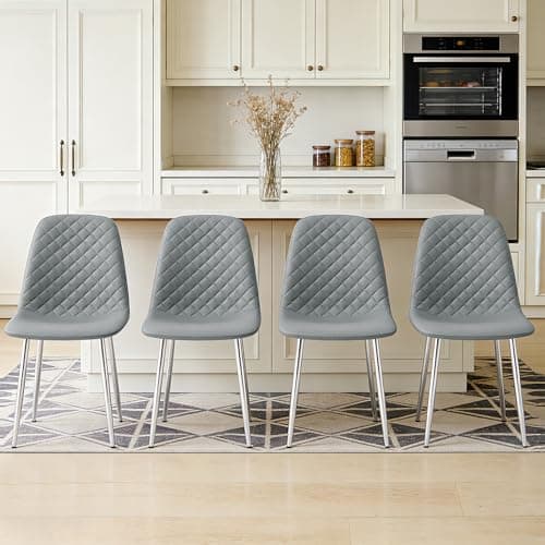 Image of JaHECOME Grey Dining Chairs Set of 4 Faux Leather Fabric Upholstered Seat Living Room Chairs Silver Chrome Legs for Kitchen Lounge Home Office