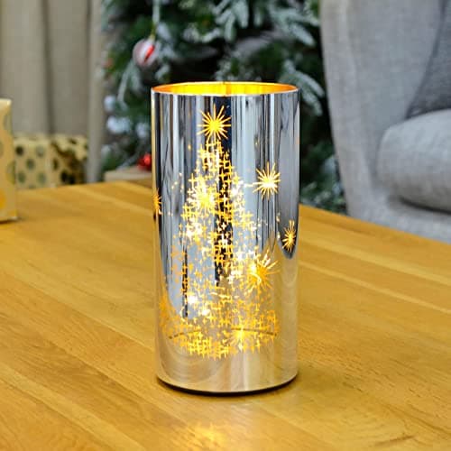 Image of Mr Crimbo 20cm Christmas Cylinder Lamp LED Light Etched Glass Tube Black Silver - Christmas Tree