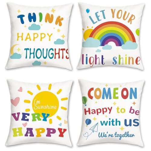 Image of COZZSNUGE Colorful Kids Cushion Covers Rainbow Sun Inspirational Quotes Velvety Decorative Pillowcases for Sofa Bed Kid Room Classroom Home 45 x 45 cm Set of 4