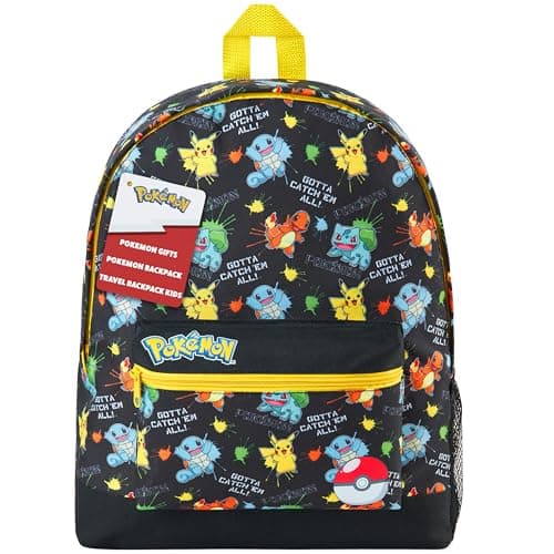 Image of Pokemon Backpack for Kids Teenagers Pikachu Rucksack School Bag with Zipped Pockets Adjustable Straps Charizard Daypack for Travel Sports Anime Gifts (Black AOP)