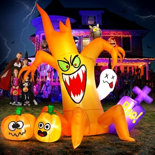 Image of 8FT Halloween Inflatables Spooky Tree with Pumpkin Ghost Led Light Halloween Inflatables Outdoor Decorations Blow up Inflatables for Holiday Party Lawn Yard Garden Decor