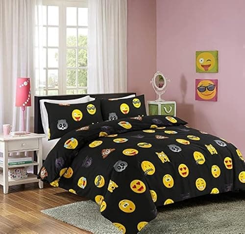 Image of Laam linen Emoji Double Duvet Cover Set with 2 Pillowcases, Funky Smiley Face Expressions Bedding Sets Easy Care Soft, Cozy, Warm Quilt Cover (Black, Double)