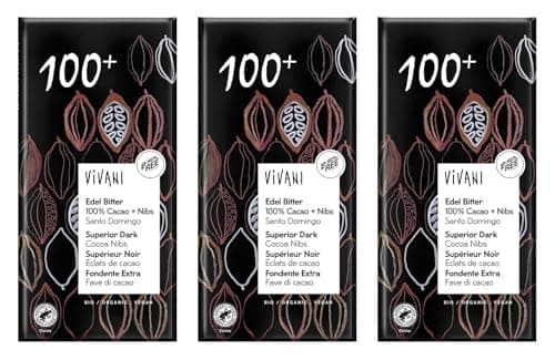 Image of Vivani 100% Dark Chocolate Bar 80g x 3 Pack | Extra Dark Chocolate with Cocoa Nibs | Vegan Friendly | Rich & Intense Cocoa