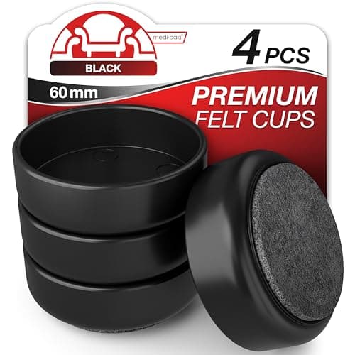Image of Medipaq Felt Castor Cups – 4x Large 60mm Black – Protects Wooden & Smooth Floors – Chair & Furniture Leg Protectors