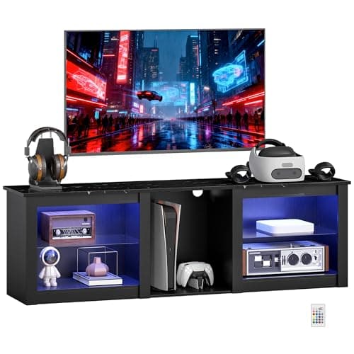 Image of HOMCOM TV Unit with LED Lights for TV up to 65 Inch, 160cm TV Stand Cabinet with Adjustable Glass Shelves, Open Compartments for Gaming Consoles, TV Cabinet for Living Room, Bedroom, Black