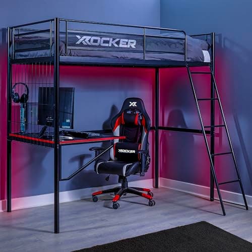 Image of X-Rocker Icarus XL Gaming Bunk Bed with Desk, Single Loft Bed with Ladder and Open Shelves, Metal Frame High Sleeper Gaming Bed for Kids, Teens and Juniors Bunkbed 90x190cm Mattress Included - BLACK