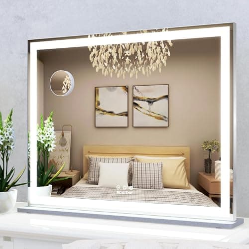 Image of ANYHI Hollywood Lighted Vanity Mirror, Dressing Table Mirror with Lights, Tabletop/Wall Mount, Smart Control with 3 Color Modes, Silver (56.2 x 72 cm)