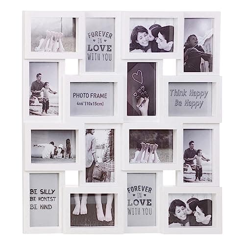 Image of Large Multi Aperture Collage Picture Photo Frame Holds 16 Photos 6x4 Wood Look Square 3D Wall Display Decor (White)