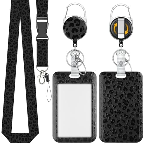 Image of Uniclife Fashionable Sliding Badge Holder Black Leopard Print Plastic Card Holder with Retractable Badge Reel Carabiner & Detachable Lanyard Vertical Card Protector for Office Worker Teacher Student