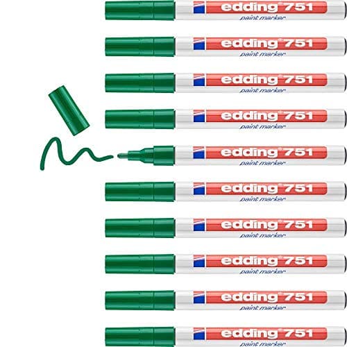 Image of edding 751 paint marker - green - 10 pens - round tip 1-2 mm - paint marker for marking and labelling metal, glass, rocks or plastic - heat-resistant, permanent, smudge-proof and waterproof
