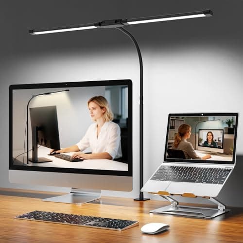 Image of Woputne Desk Lamp with Clamp, Super Wide & Bright, 5 Color Modes x 10 Brightness Levels, 960LM, 12W Computer Monitor Table Light, Flexible Dual Head Monitor Light for Office, Study, Crafts & Drawing