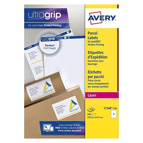 Image of Avery L7168 Printable Parcel Shipping Labels for Laser Printers, 199.6 x 143.5 mm, 2 Labels per A4 Sheet, 500 White Permanent Paper Labels, UltraGrip, JamFREE, FSC Certified (L7168-250)