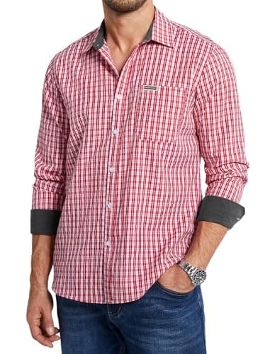 Image of Enlision Checked Shirts for Men UK Red and White Mens Check Plaid Gingham Shirts Long Sleeve Button Down Loose Fit Casual Lumberjack Chequered for Oktoberfest Party XL