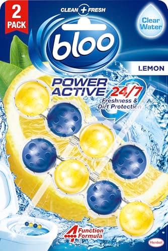 Image of Bloo Power Active Toilet Rim Block Lemon, with Anti-Limescale, Cleaning Foam, Dirt Protection and Extra Freshness - Pack of 2 Rimblocks