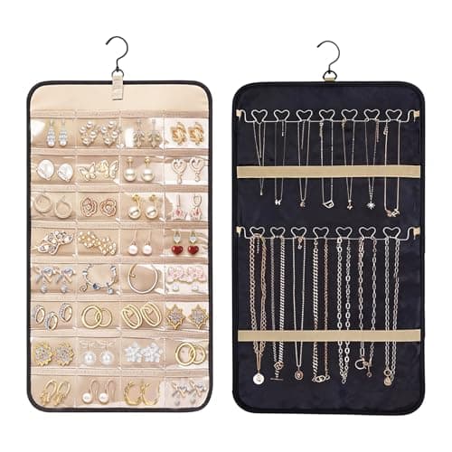 Image of Dual-sided Jewelry Organizer Hanging with Metal Hooks, 32 Pockets and 14 Wave-Shaped Hooks, Large Hanging Jewelry Roll for Earrings, Necklaces, Rings, Double Side Jewelry Holder for Closet, Wall, Door