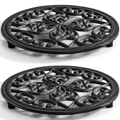 Image of Coloch 2 Pack Cast Iron Trivet, 18cm / 7.1" Round Metal Trivet with Vintage Patterns Rustproof Hot Pot Holder Pads with Rubber Pegs for Serving Hot Dishes, Pans, Tea Pots, for Kitchen, Black