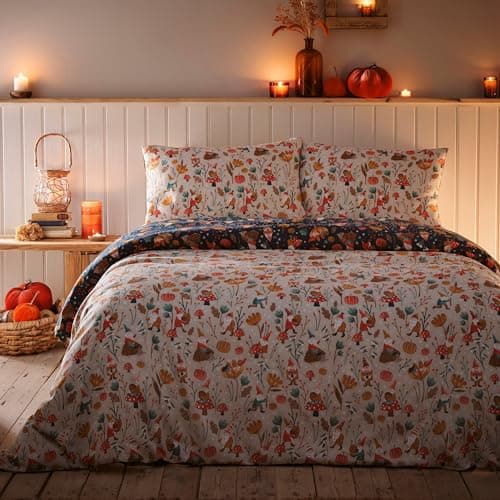 Image of Fusion - Autumn Gonks Duvet Cover - King Bedding Size (230 x 220cm) - Reversible (2 Colours) - 2x Pillowcases Included - Woodland Bedding in Natural & Navy Blue - Mushroom & Pumpkin Duvet Cover