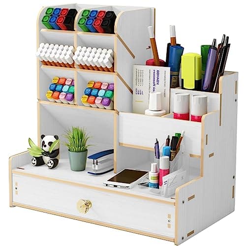 Image of Marbrasse Wooden Desk Organiser,Pen Holer for Desk,Stationary Organiser,Desktop Storage Organizer Caddy (White Wood)