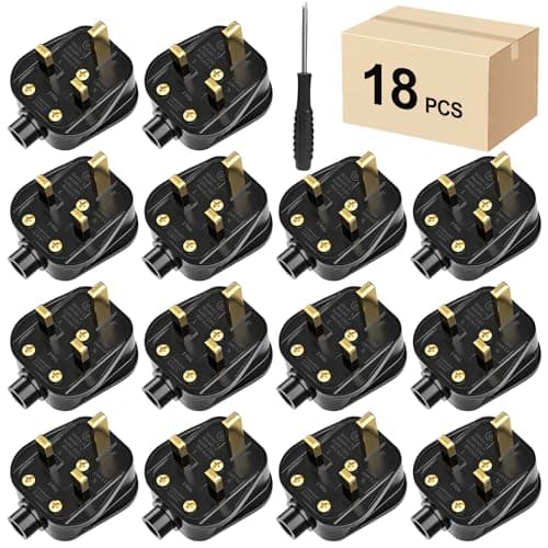 Image of UK Plugs with 13 AMP Fused, 3 pin Mains Plug with Cord Grip Rewireable Heavy Duty Electrical Plug, Rubber Composite Plug, 18 Pack - Black
