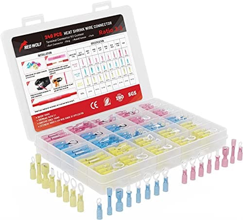 Image of RED WOLF 240PC Heat Shrink Wire Connector Butt Kit, Wiring Insulated Ring Fork Spade Crimp Terminal to Joint Splice Cable for Automotive Industrial Waterproof, 10-12 14-16 16-22 AWG