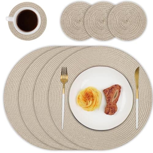 Image of Homcomodar Round Table Place Mats and Coasters Set of 4 Heat Resistant Round Placemats Washable Dining Table Mats for Kitchen Dinner(Khaki)
