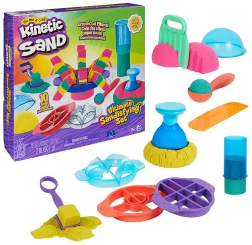 Image of Kinetic Sand Ultimate Sandisfying Set, 2lb of Sand. Pink, Yellow and Teal, 10 Moulds and Tools, Sensory Toys for Kids Ages 7+