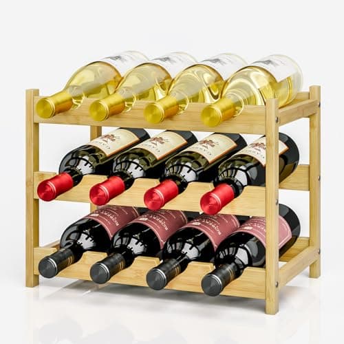 Image of Dripex Bamboo Wine Rack, 12 Bottles Wine Holder Storage Shelf, 3-tire Small Freestanding Bottle Wine Rack for Countertop, Kitchen, Bar, Cellar (40 x 22 x 32 cm)