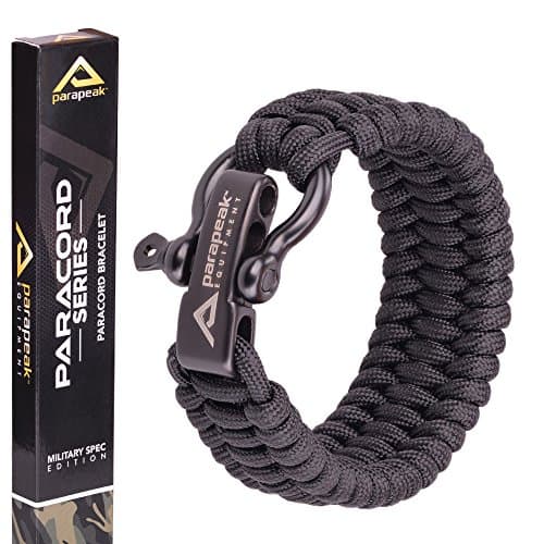 Image of Parapeak Survival Bracelet - Military Spec Paracord - Trilobite Style with Adjustable Stainless Steel D-Clasp (Black, Black Clasp)