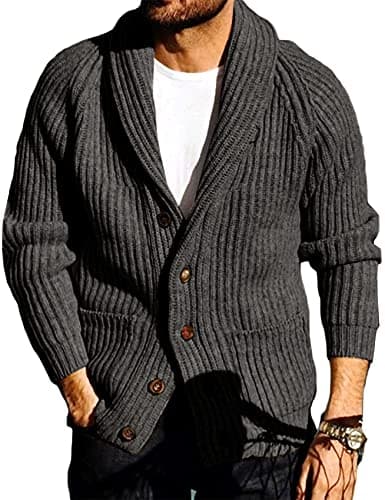 Image of Runcati Mens Cardigan Knitted Chunky Jacket Shawl Collar Cable Knit Loose V Neck Knitwear Outerwear, Dark Grey, M