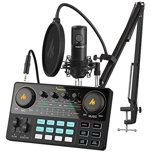 Image of Audio Interface with DJ Mixer and Sound Card, MAONO Maonocaster Lite Portable ALL-IN-ONE Podcast Production Studio with 25mm Large Diaphragm Microphone for Live Streaming, PC, Recording (AU-AM200-S6)