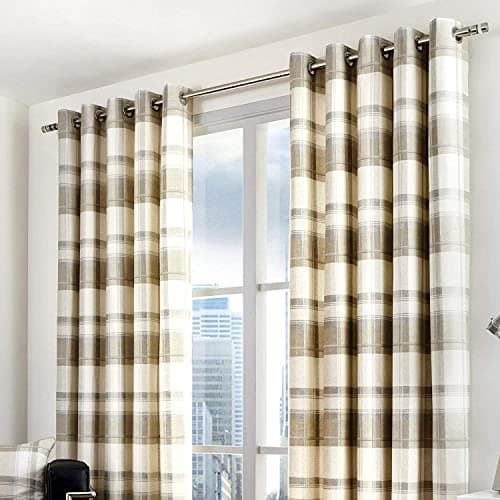 Image of Fusion - Balmoral Check - 100 Percent Cotton Pair of Eyelet Curtains - Natural, Curtains: 66" Width x 72" Drop (168 x 183 cm), Nautral