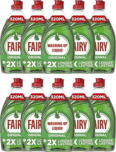 Image of Fairy Original Washing Up Liquid 10 Pack 320ml Bottles Powerful Grease Cutting Concentrated Dishwashing Liquid Long Lasting Suds Fresh Scent Gentle on Hands Kitchen Cleaning Essential