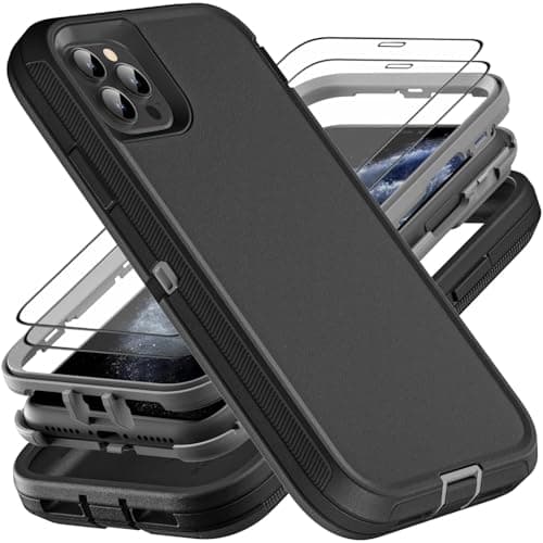 Image of YmhxcY for iPhone 11 Pro Case, Military Grade 3 in 1 Heavy Duty Shockproof/Drop Proof/Dust Proof Case with 2Pcs Tempered Glass Screen Protector (Black/Grey)