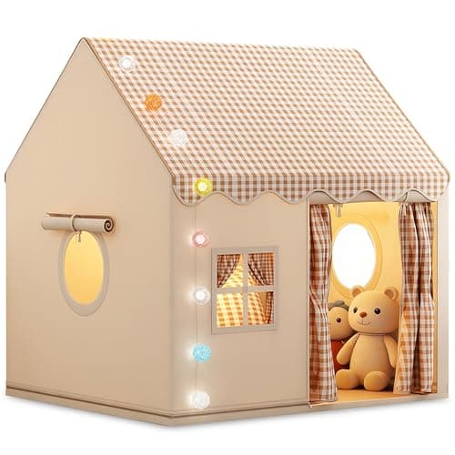 Image of FREEAMG Kids Play Tent with Multi-Coloured Ball Lights & Storage Bag, Children's Playhouse Indoor Outdoor for 3-7 Year Old Boys Girls, Spacious Kids Tents 120x105x128cm, Toy House(Khaki)