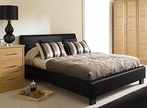 Image of Modernique Black Faux Leather Low End Bed Frame in 4ft6 Double Sized, High Headboard with Sprung Wooden Slatted Bed Base