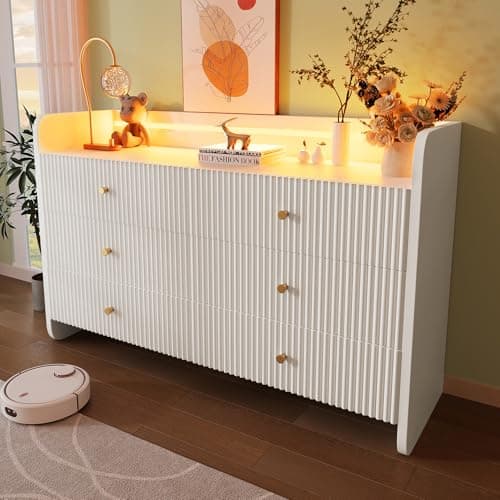 Image of Merax Modern 120 cm Sideboard for living room with 6 Drawers, Cupboard Storage Cabinet with RGB LED Lighting & Shelves & Handles, Bedroom Dining Room Office, 40x120x75 cm, White
