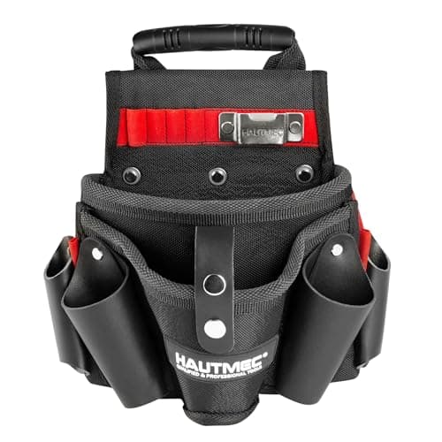 Image of HAUTMEC Heavy-Duty Tool Belt Pouch, 1680D Tool Bag for Belt with Drill Holster, Large Compartment, 4 Leather Pockets, 11 Elastic Loops, Tape Measure Holder – HT0410
