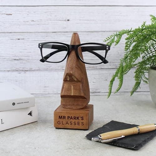 Image of eBuyGB Personalised Glasses Holder, Wooden Nose-Shaped Specs Stand, Gift for Teacher, End of Term Gift, Teacher Thank You Gift, Leaving School TA