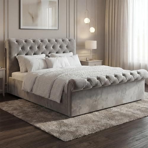 Image of Blisswood Upholstered Gas Lift Up Bed Frame With Storage, Ottoman Storage Bed, Velvet Double Bed Frame, Ottoman Bed With Wooden Slats, (4ft6 Grey Double 135 x 190, No Mattress)
