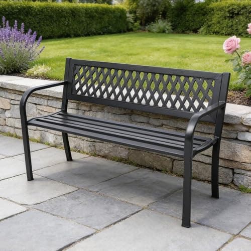 Image of Home Source Lara Metal Garden Bench – Black, Lattice Back Design | 119W x 50D x 75H cm | 2-Seater Outdoor Bench