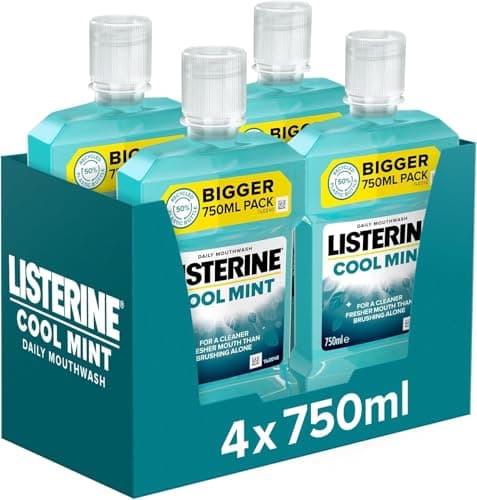 Image of Listerine Cool Mint Mouthwash Pack of 4 (4 x 750ml), Helps Kill Up to 99% of Germs Left After Brushing and Reduce Plaque, Mouthwash to Freshen Breath and Maintain Healthy Gums