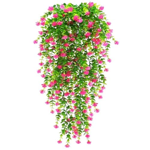 Image of Yueshop 2PCS UV-Resistant Artificial Hanging Flowers Bouquet - Indoor Outdoor Fake Plants for Wall, Home, Garden, Wedding Decor (Pink)