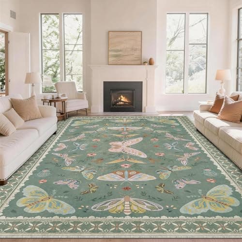 Image of SOANNY Butterfly Rug Living Room, Soft Low Pile Washable Non Slip Area Carpet for Bedroom Kitchen Entryway Beside Sofa Office Dorm, Modern Stain Resistant Mat Floor Decor, 200x290 cm, Sage Green