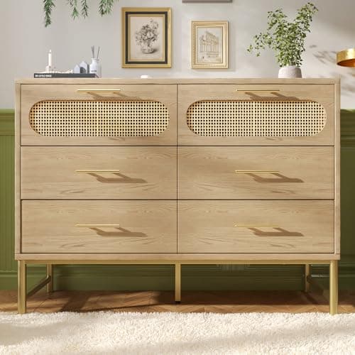 Image of BTM Rattan Sideboard with 6 Drawers, Anti-Tip Oak 6 Chest of Drawers with Metal Handles, Rattan Drawers Chest of Drawers Bedroom,120x40x74 cm