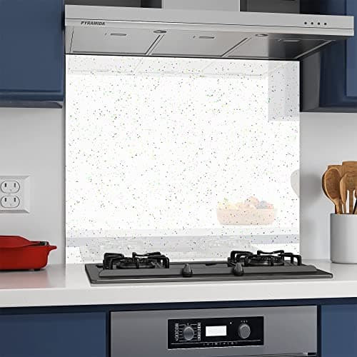 Image of BELOFAY 60x80cm White Sparkles 6mm Tempered Glass Splashback for Kitchen, 6mm Toughened Glass Heat Resistant Splashbacks for Cookers