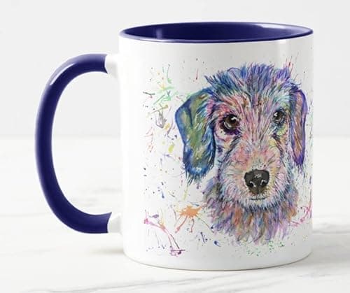 Image of Vixar Dachshund Wire haired Sausage Tecle Dog Pet Watercolour Art Coloured Mug Cup Gift Birthday Work Office Christmas Tea Coffee (Navy)