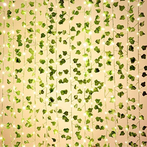 Image of 12 Pack 84Ft Artificial Ivy Leaf Garland with 100 LED Fairy String Lights,Fake Green Leaves Hanging Vine Faux Flowers Decoration for Indoor,Outdoor,Kitchen,Garden,Office,Wedding,Wall