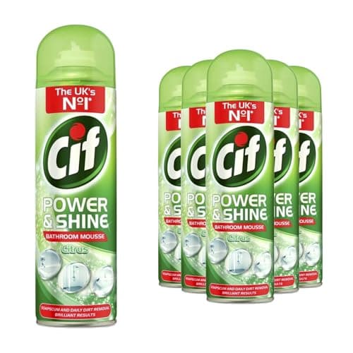 Image of Cif Power & Shine Mousse Bathroom Cleaner Citrus Pack of 6, 500ml each - Limescale & Soap Scum Remover Spray for Bathroom, Shower, Tiles, Sink, Fast Acting Foaming Cleaning Spray
